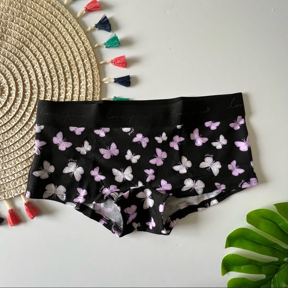 Victoria's Secret PINK Logo Boyshort Panty Black w Butterfly Graphic Medium NEW